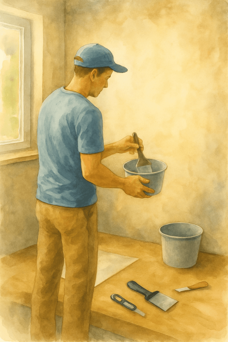 Persona revisando herramientas y preparando el pegamento en un balde