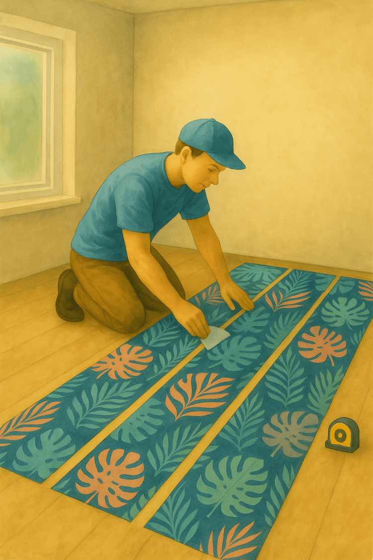 Paños de papel mural extendidos y ordenados en el suelo antes de instalar