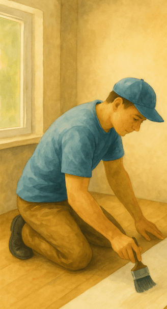 Persona aplicando adhesivo con brocha en el muro de forma uniforme